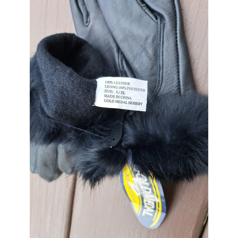 NWT Gold Medal Women's Leather Black Geniune Rabbit Fur Cuff Gloves Size L-XL